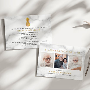 Gold Pineapple Marble 3-Photo Celebration of Life Invitation