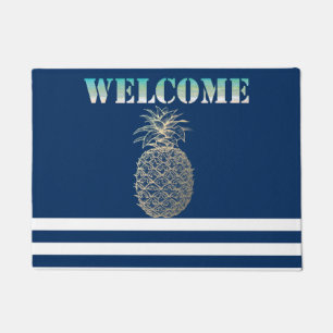Gold Pineapple Nautical Navy Blue Striped   Doormat