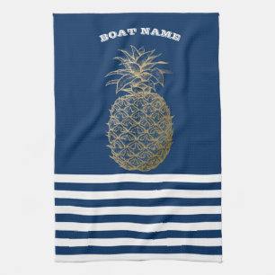 Gold Pineapple Nautical Navy Blue Striped  Tea Towel