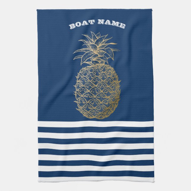 Gold Pineapple Nautical Navy Blue Striped  Tea Towel (Vertical)