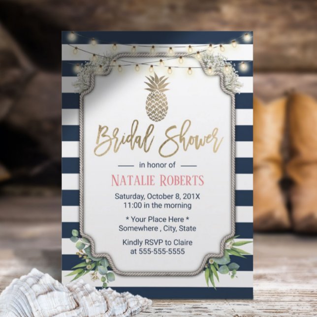 Gold Pineapple Navy Blue Stripes Bridal Shower Invitation (Creator Uploaded)