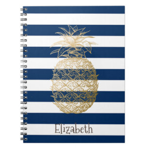 Gold Pineapple Navy Blue Stripes Notebook