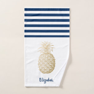 Gold Pineapple  Navy Blue White Striped  Bath Towel Set