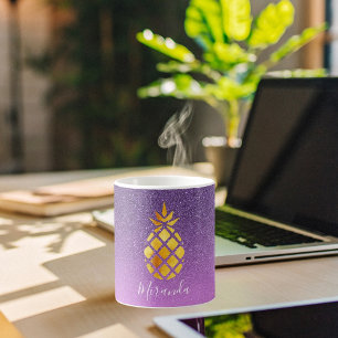 Gold pineapple on purple pink glitter name coffee mug