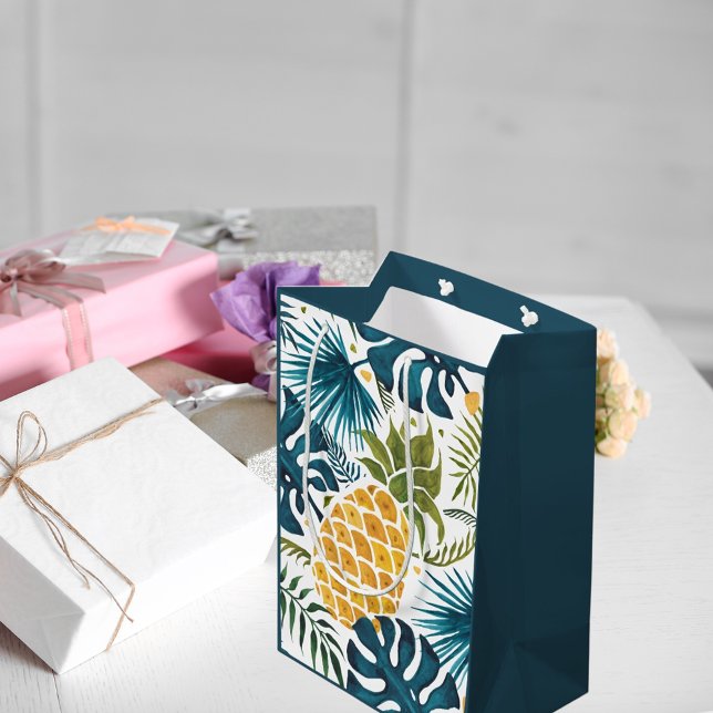 Gold pineapple palm foliage green blue tropical medium gift bag (Creator Uploaded)