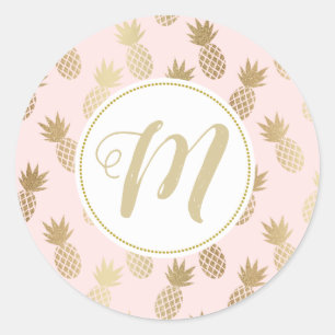 Gold Pineapple Pattern & Monogram Classic Round Sticker