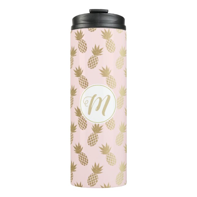 Gold Pineapple Pattern & Monogram Thermal Tumbler (Front)