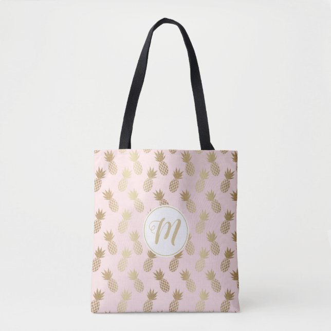Gold Pineapple Pattern & Monogram Tote Bag (Front)