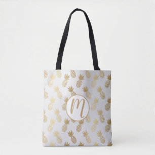 Gold Pineapple Pattern Monogram Tote Bag