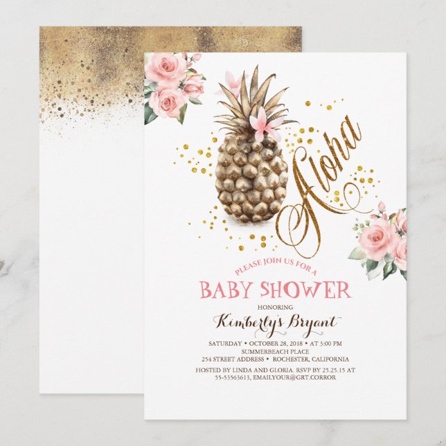 Gold Pineapple Pink Floral Beach Baby Shower Invitation (Front/Back)