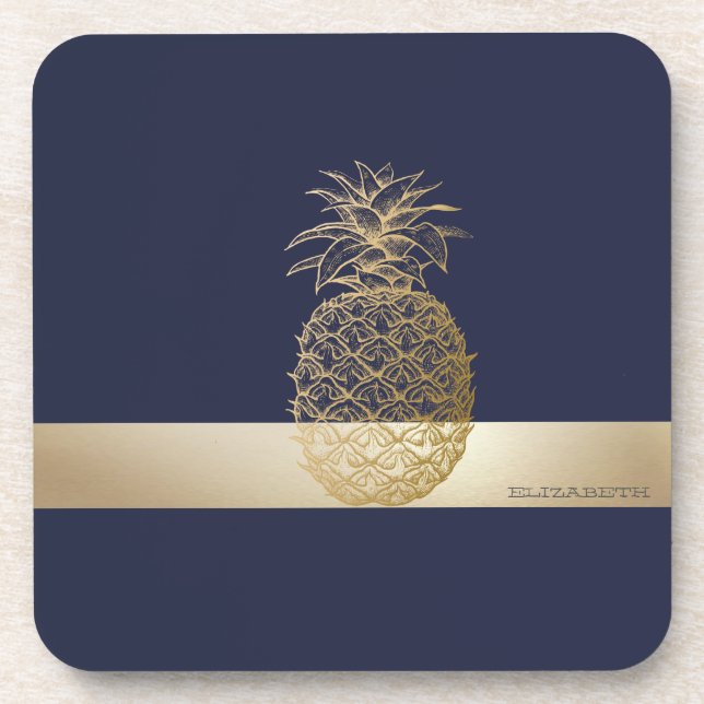 Gold Pineapple,Stripe  -Personalised  Coaster (Front)