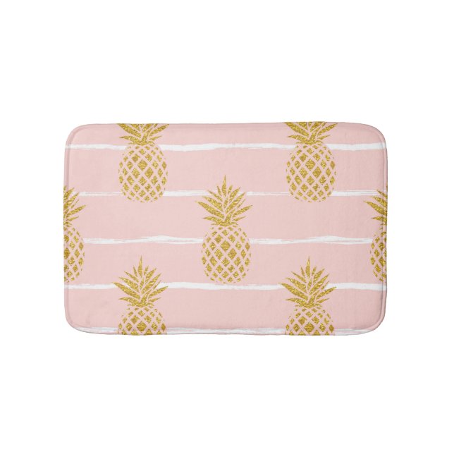 Gold Pineapple, Striped Summer Background. Bath Mat (Front)