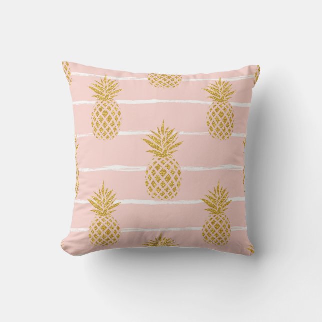 Gold Pineapple, Striped Summer Background. Cushion (Front)