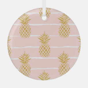 Gold Pineapple, Striped Summer Background. Glass Tree Decoration