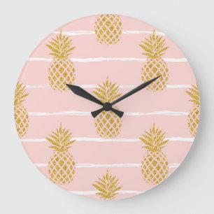 Gold Pineapple, Striped Summer Background. Large Clock