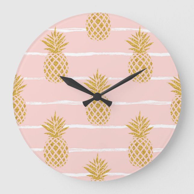 Gold Pineapple, Striped Summer Background. Large Clock (Front)
