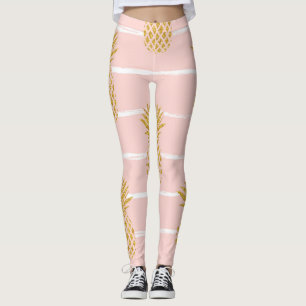 Gold Pineapple, Striped Summer Background. Leggings