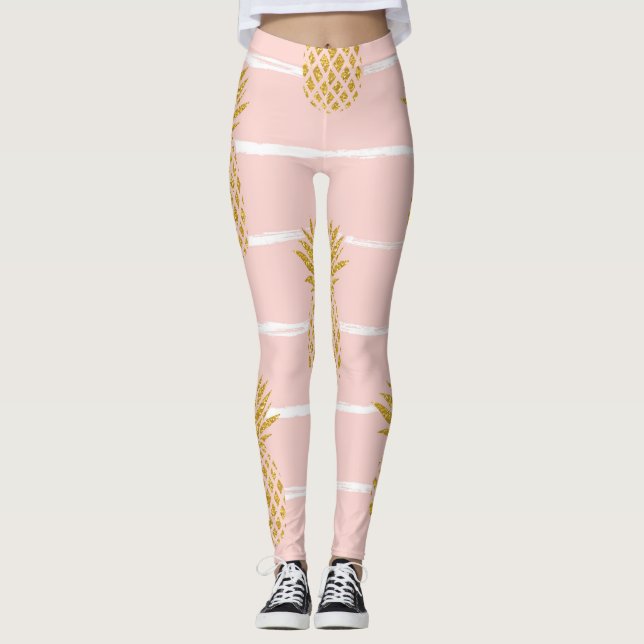 Gold Pineapple, Striped Summer Background. Leggings (Front)