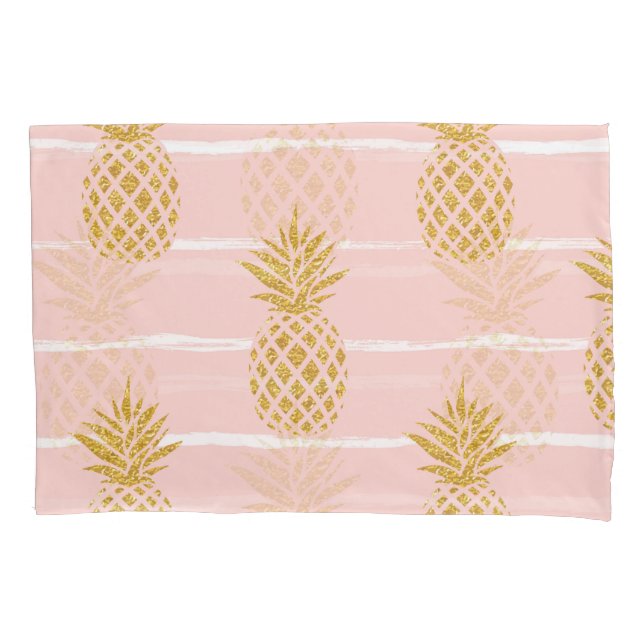 Gold Pineapple, Striped Summer Background. Pillowcase (Front)