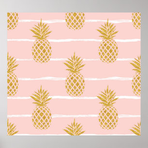 Gold Pineapple, Striped Summer Background. Poster
