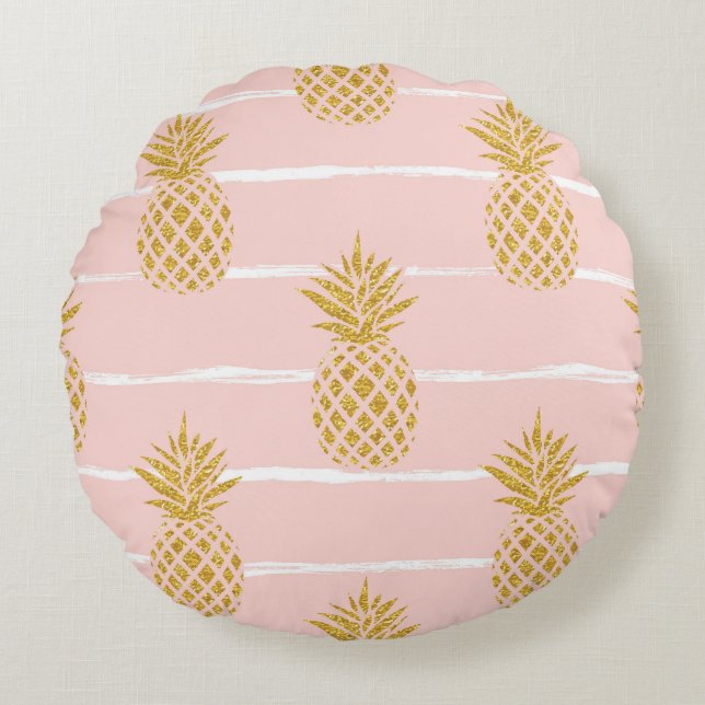 Gold Pineapple, Striped Summer Background. Round Cushion (Front)