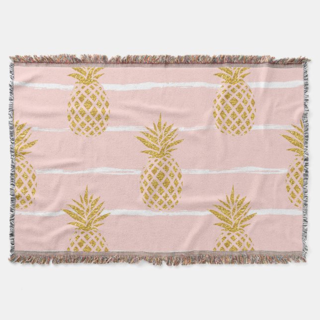 Gold Pineapple, Striped Summer Background. Throw Blanket (Front)