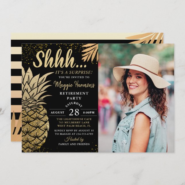 Gold Pineapple Surprise Retirement Party Photo Invitation (Front/Back)