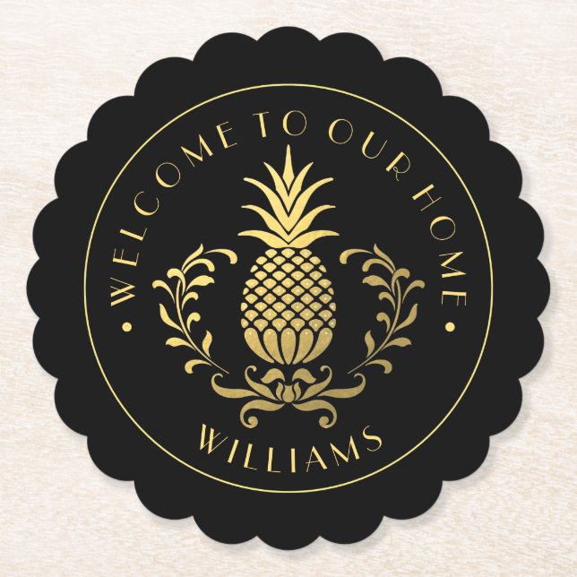 Gold Pineapple | With Family Name & Est. Date Paper Coaster (Front)