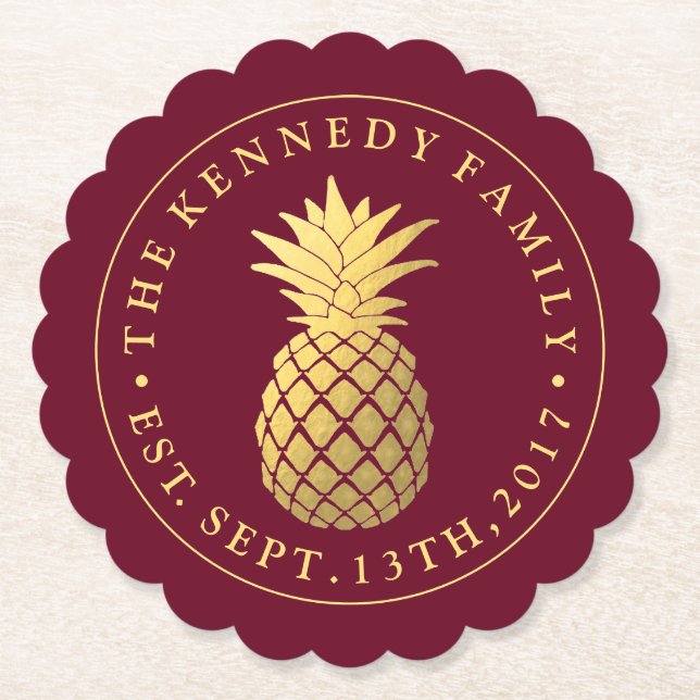Gold Pineapple | With Family Name & Est. Date Paper Coaster (Front)