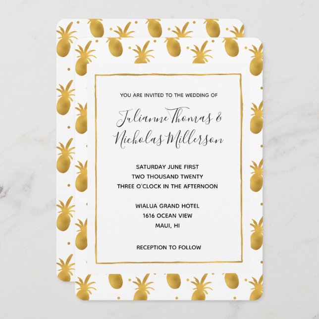 Gold Pineapples and Dots Wedding Invites (Front/Back)