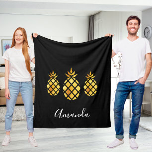 Gold pineapples black name script modern fleece blanket