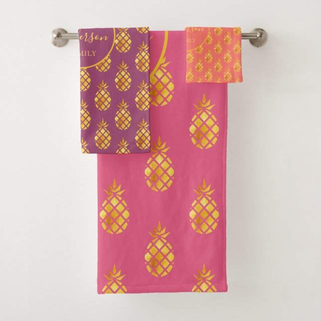 Gold pineapples coral purple pink family name bath towel set (Insitu)