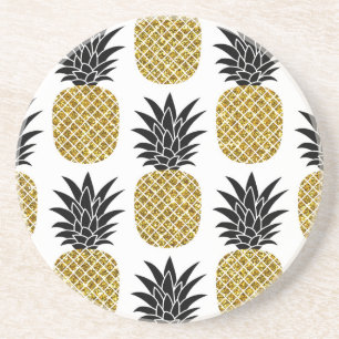 Gold Pineapples: Hand-Drawn White Seamless. Coaster