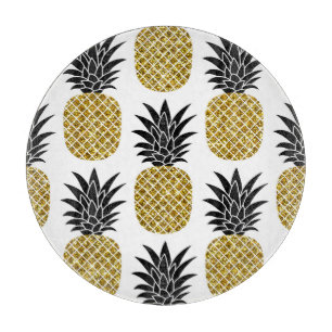 Gold Pineapples: Hand-Drawn White Seamless. Cutting Board
