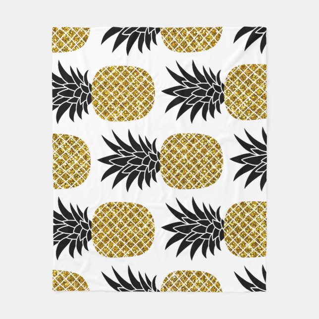 Gold Pineapples: Hand-Drawn White Seamless. Fleece Blanket (Front)