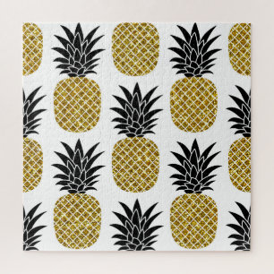 Gold Pineapples: Hand-Drawn White Seamless. Jigsaw Puzzle