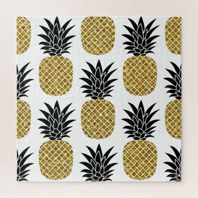 Gold Pineapples: Hand-Drawn White Seamless. Jigsaw Puzzle (Vertical)