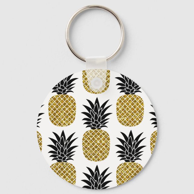 Gold Pineapples: Hand-Drawn White Seamless. Key Ring (Front)