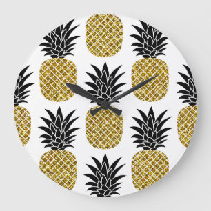 Gold Pineapples: Hand-Drawn White Seamless. Large Clock