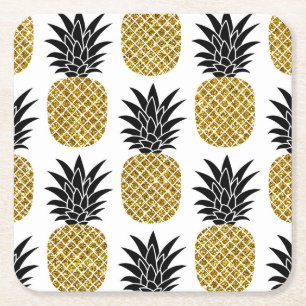Gold Pineapples: Hand-Drawn White Seamless. Square Paper Coaster