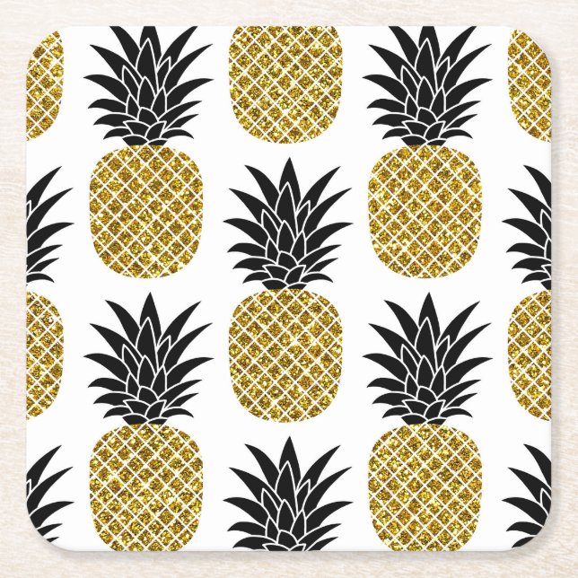 Gold Pineapples: Hand-Drawn White Seamless. Square Paper Coaster (Front)