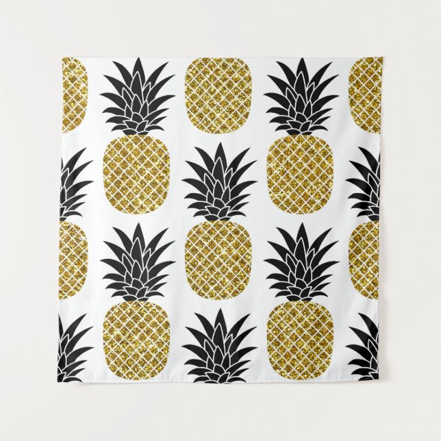 Gold Pineapples: Hand-Drawn White Seamless. Tapestry (Front)