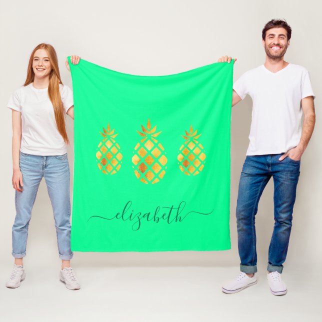 Gold pineapples neo mint monogram fleece blanket (In Situ)