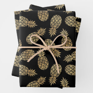 Gold Pineapples on Black Wrapping Paper Sheet