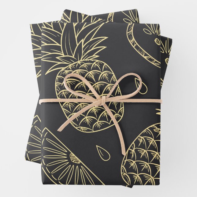Gold Pineapples on black Wrapping Paper Sheets  (In situ)
