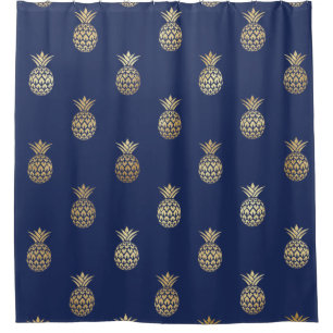 Gold Pineapples on Navy Blue Shower Curtain