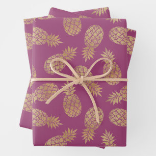 Gold Pineapples on Raspberry Wrapping Paper Sheet