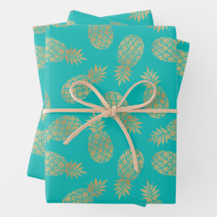 Gold Pineapples on Turquoise Wrapping Paper Sheet
