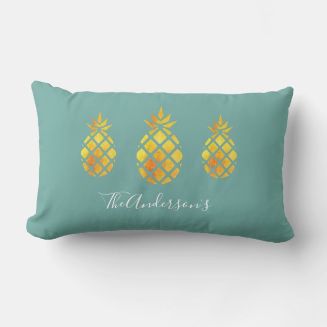 Gold pineapples sea green lumbar cushion (Front)