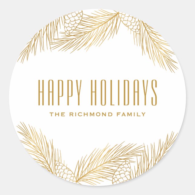Gold Pinecones and Pine Needles Holiday Sticker (Front)